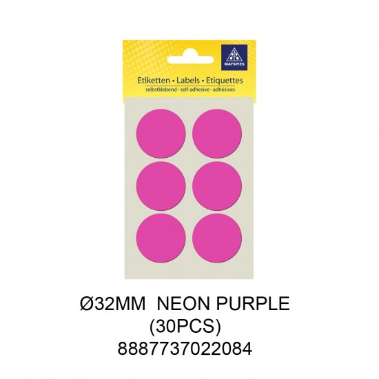 MAYSPIES MS032 COLOUR DOT LABEL / 5 SHEETS/PKT / 30PCS / ROUND 32MM NEON PURPLE